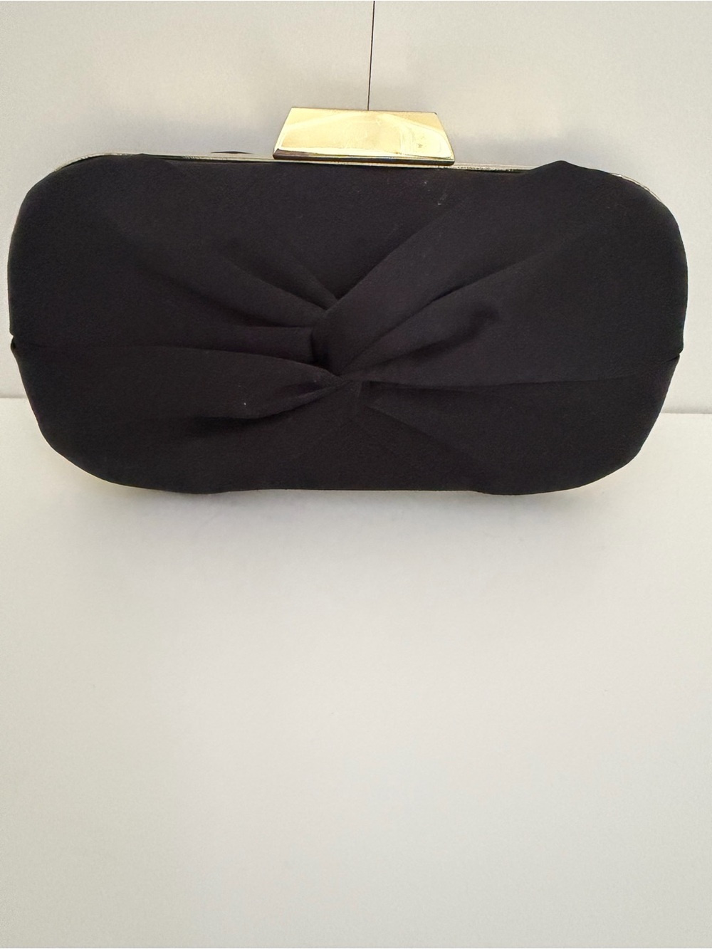 La Regale Black Satin Ruched Knot Evening Clutch Gold Chain NWT